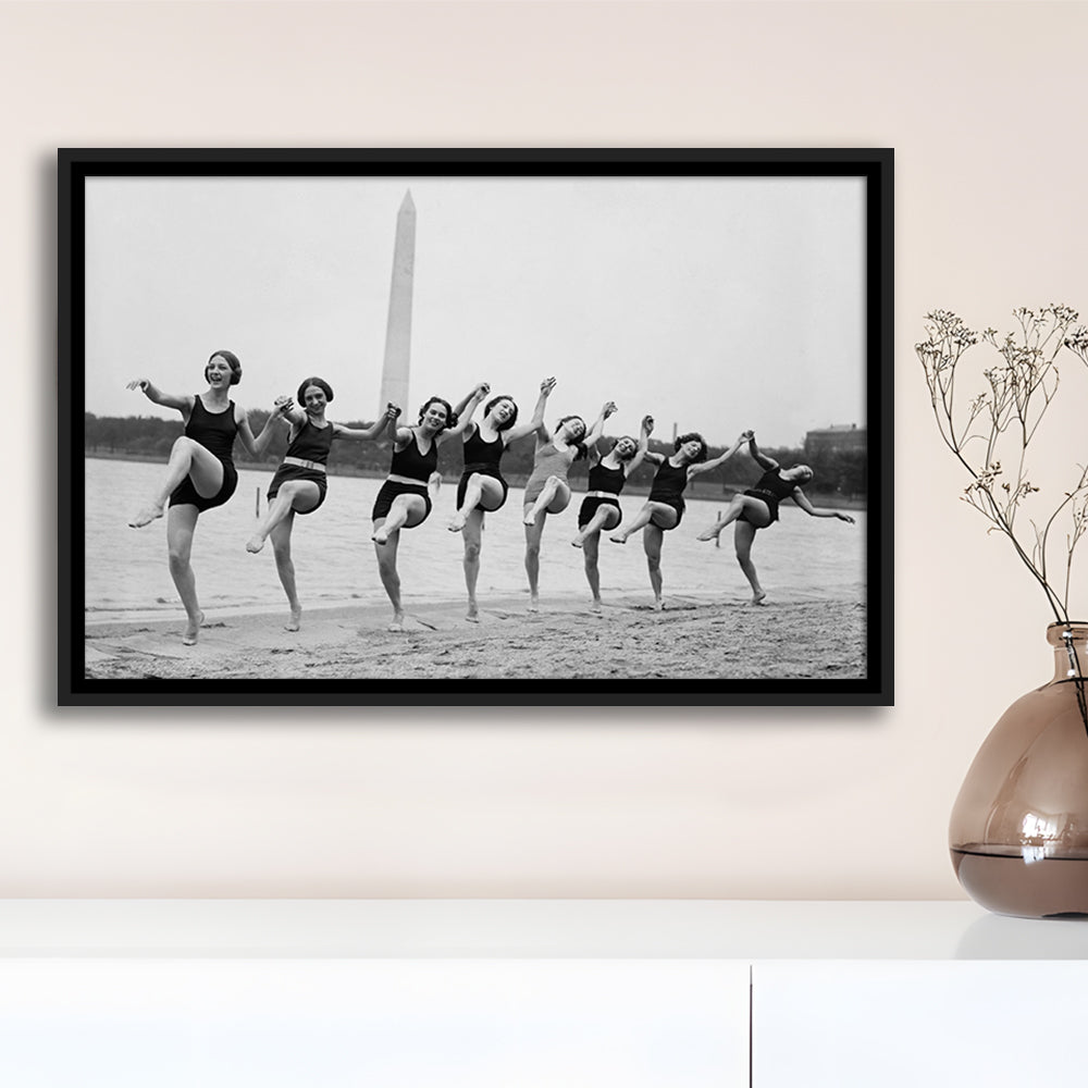 Women Having Fun Black and White Art Tidal Basin Washington DC, Floating Framed Canvas Print