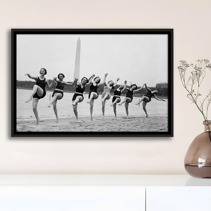 Women Having Fun Black and White Art Tidal Basin Washington DC, Floating Framed Canvas Print