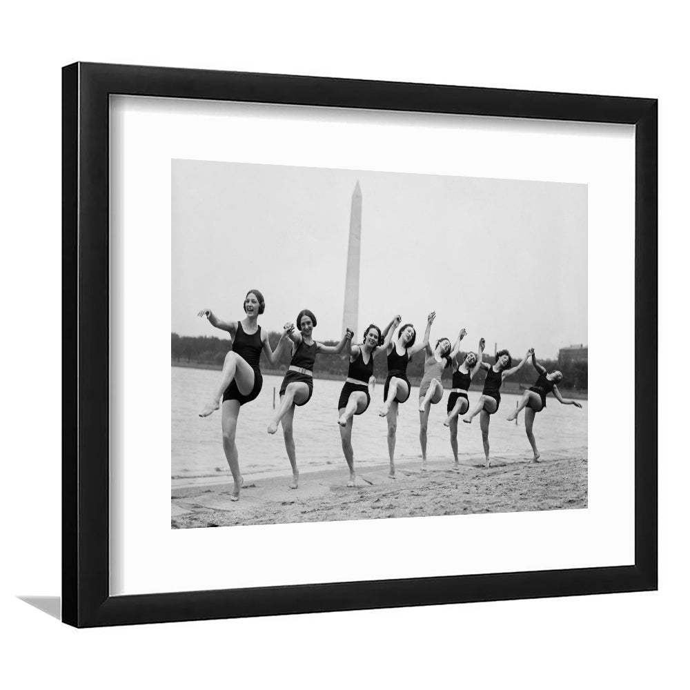 Women Having Fun Black and White Art Tidal Basin Washington DC, Framed Art Print White Border Wall Decor