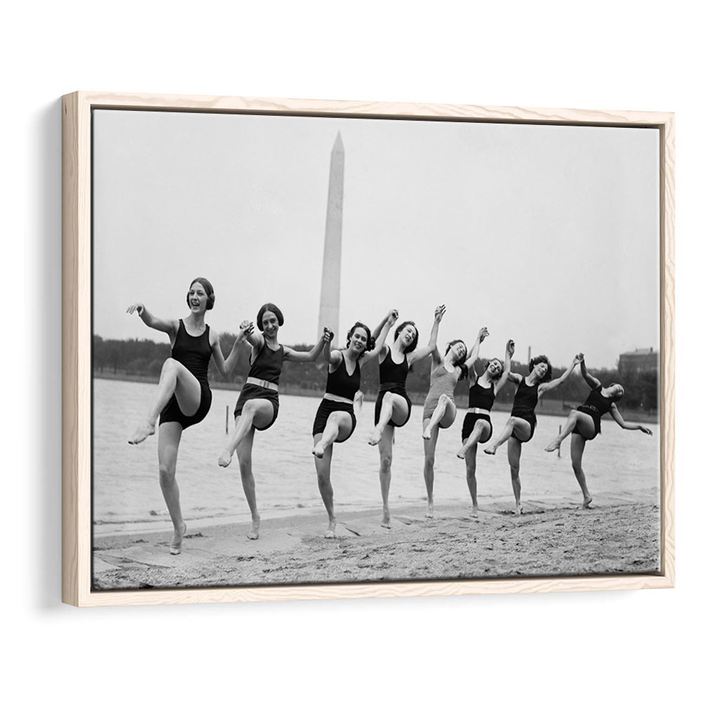 Women Having Fun Black and White Art Tidal Basin Washington DC, Floating Framed Canvas Print