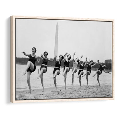 Women Having Fun Black and White Art Tidal Basin Washington DC, Floating Framed Canvas Print