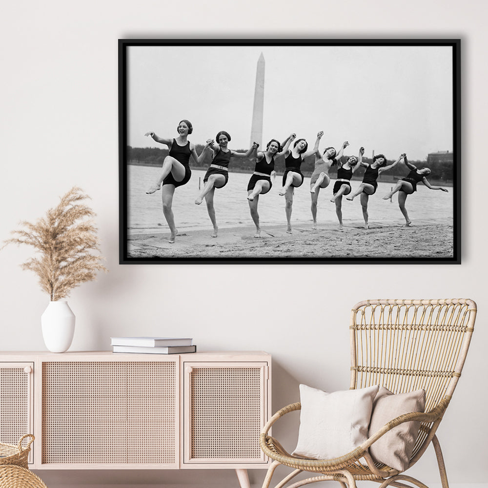 Women Having Fun Black and White Art Tidal Basin Washington DC, Floating Framed Canvas Print