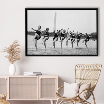 Women Having Fun Black and White Art Tidal Basin Washington DC, Floating Framed Canvas Print