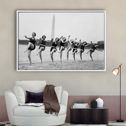 Women Having Fun Black and White Art Tidal Basin Washington DC, Floating Framed Canvas Print