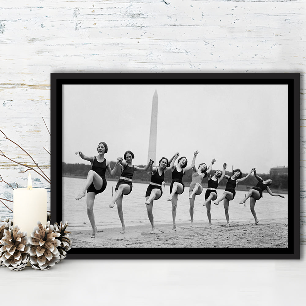 Women Having Fun Black and White Art Tidal Basin Washington DC, Floating Framed Canvas Print