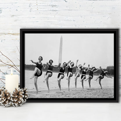 Women Having Fun Black and White Art Tidal Basin Washington DC, Floating Framed Canvas Print