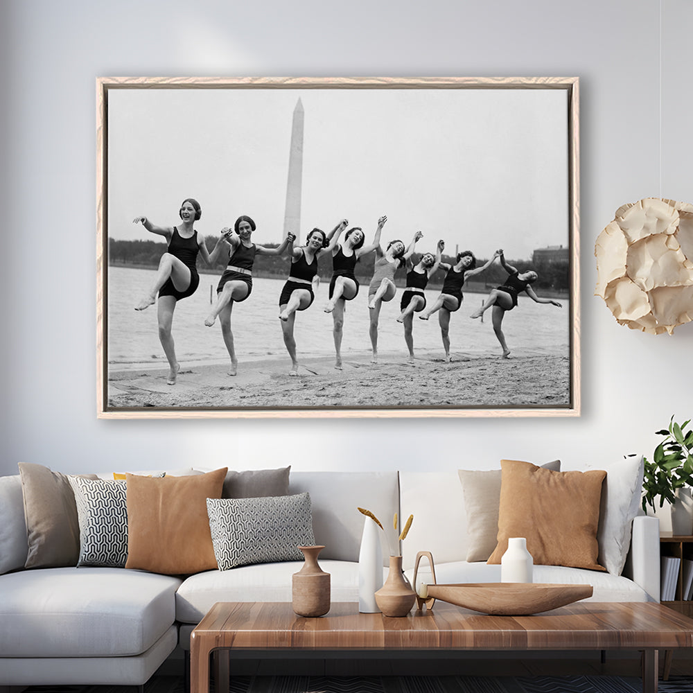 Women Having Fun Black and White Art Tidal Basin Washington DC, Floating Framed Canvas Print