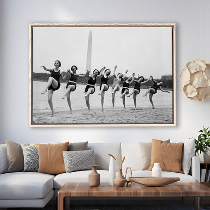 Women Having Fun Black and White Art Tidal Basin Washington DC, Floating Framed Canvas Print
