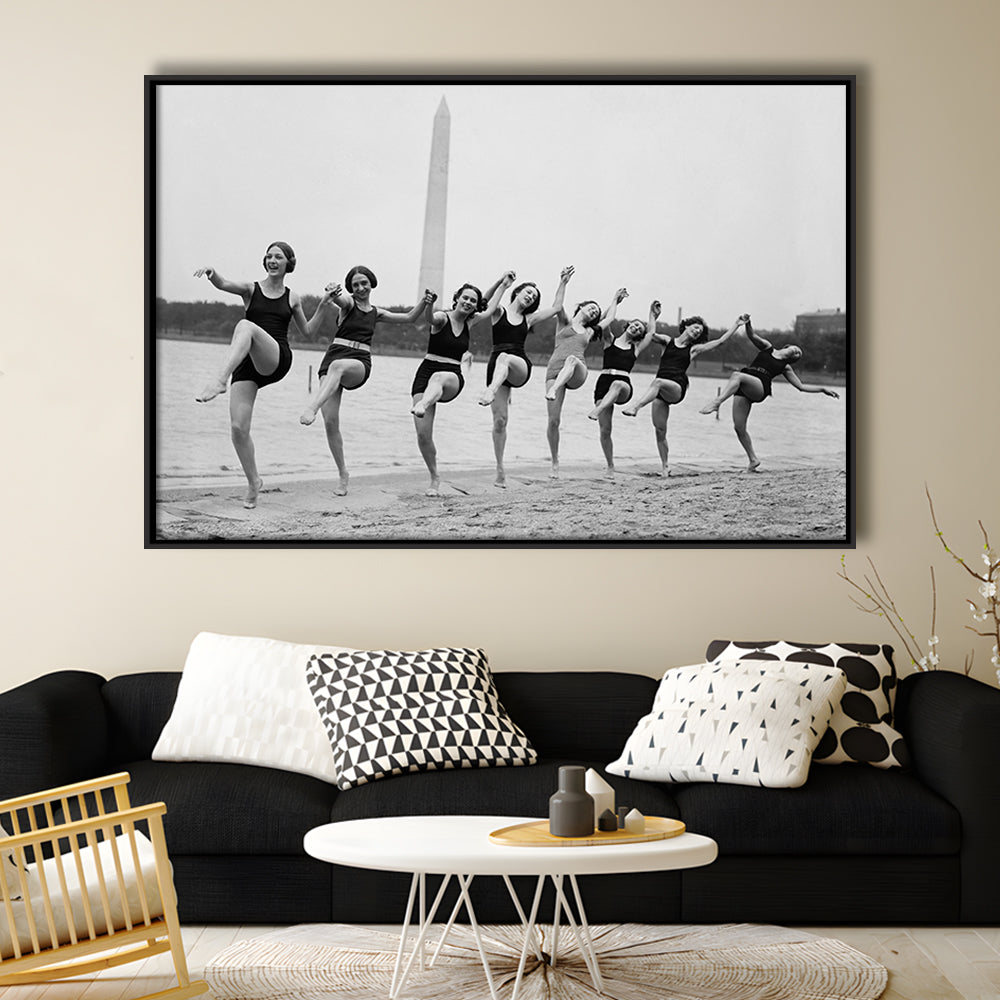 Women Having Fun Black and White Art Tidal Basin Washington DC, Floating Framed Canvas Print