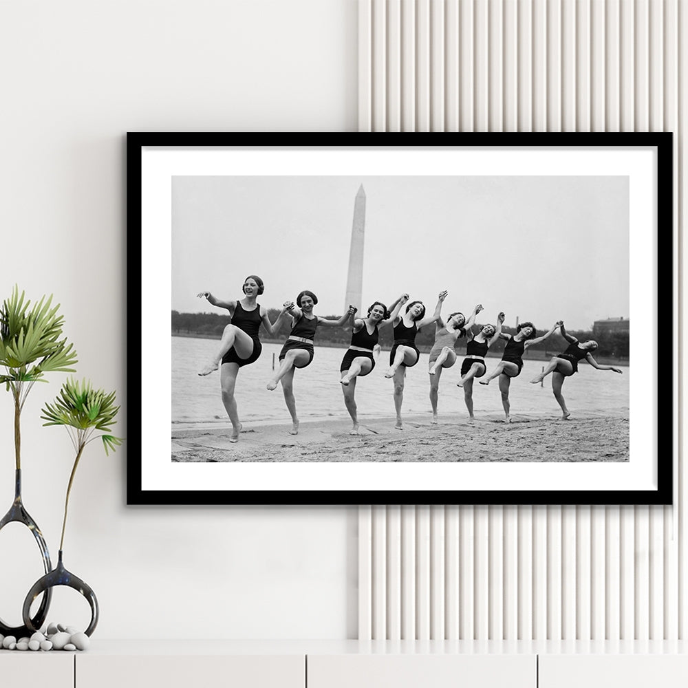 Women Having Fun Black and White Art Tidal Basin Washington DC, Framed Art Print White Border Wall Decor