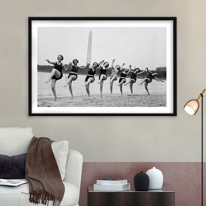 Women Having Fun Black and White Art Tidal Basin Washington DC, Framed Art Print White Border Wall Decor