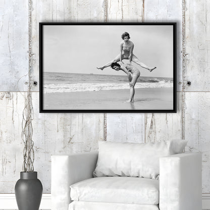Women Having Fun Coastal Black and White Art Beach Photos, Floating Framed Canvas Print