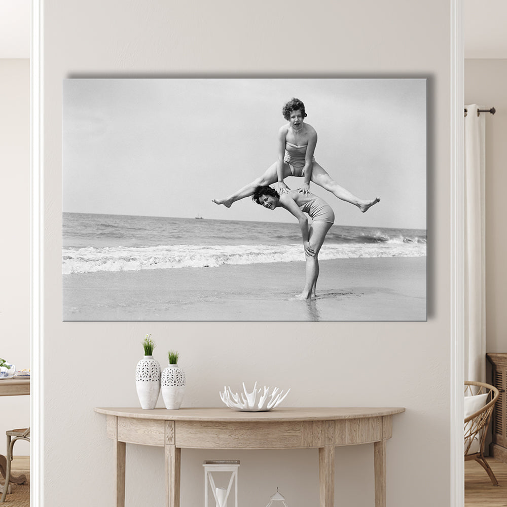 Women Having Fun Coastal Black and White Art Beach Photos, Canvas Print Wall Art Decor