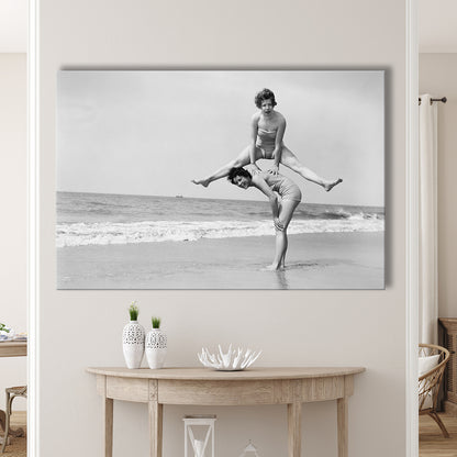 Women Having Fun Coastal Black and White Art Beach Photos, Canvas Print Wall Art Decor