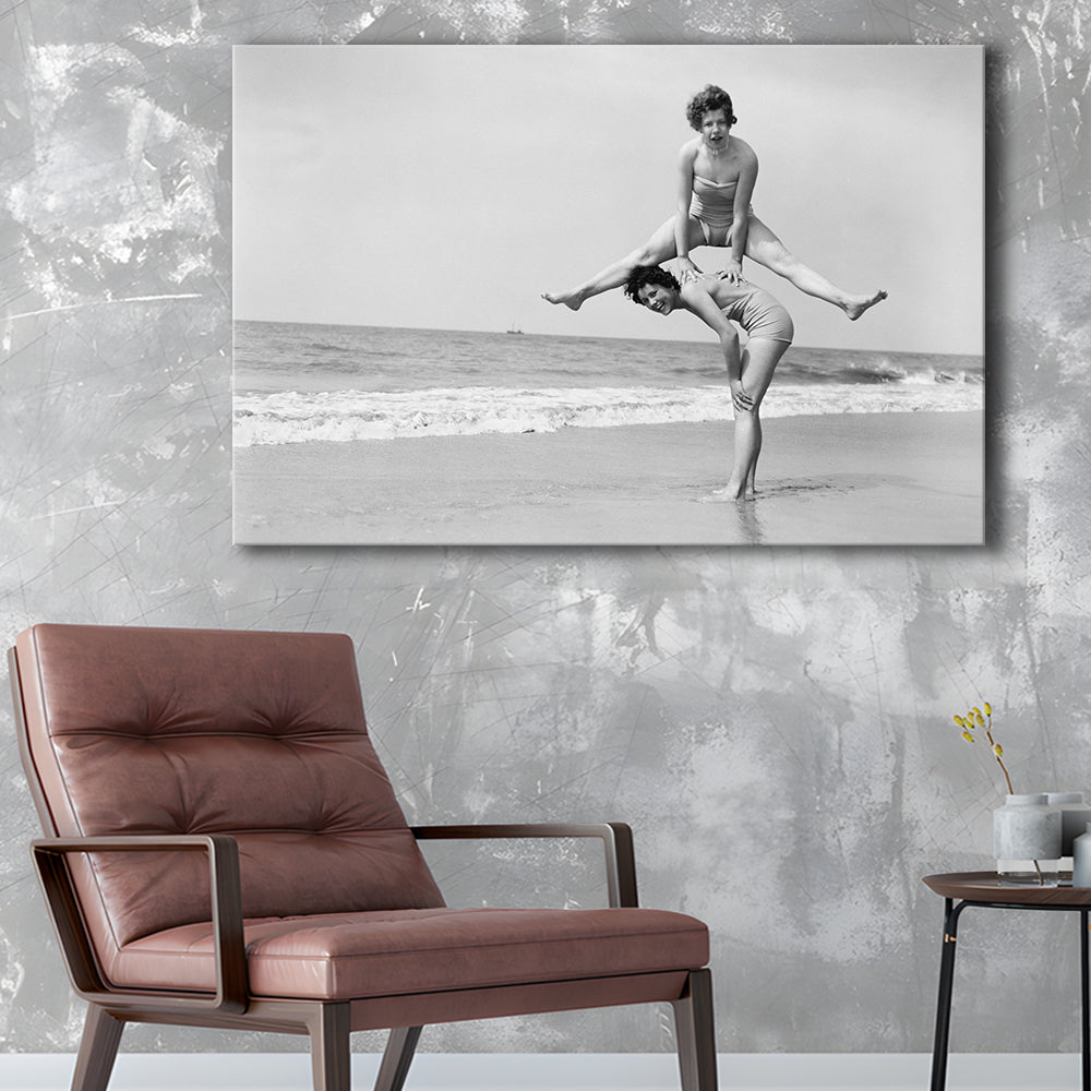 Women Having Fun Coastal Black and White Art Beach Photos, Canvas Print Wall Art Decor