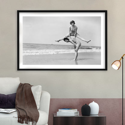 Women Having Fun Coastal Black and White Art Beach Photos, Framed Art Print White Border Wall Decor