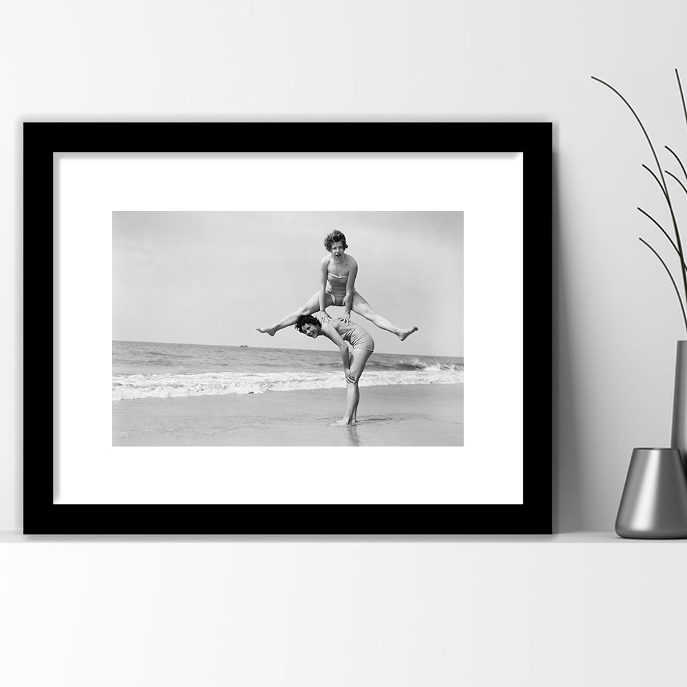 Women Having Fun Coastal Black and White Art Beach Photos, Framed Art Print White Border Wall Decor