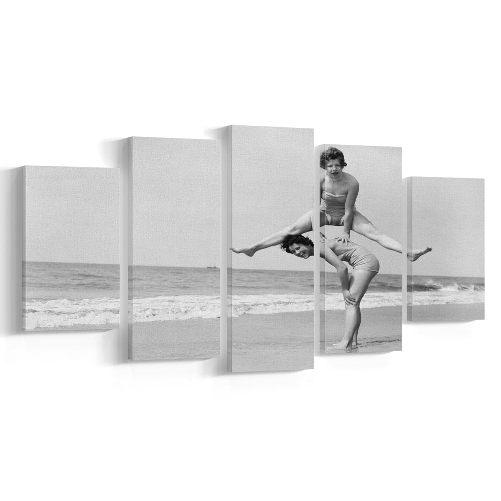 Women Having Fun Coastal Black and White Art Beach Photos, Mixed 5 Pieces Canvas Print