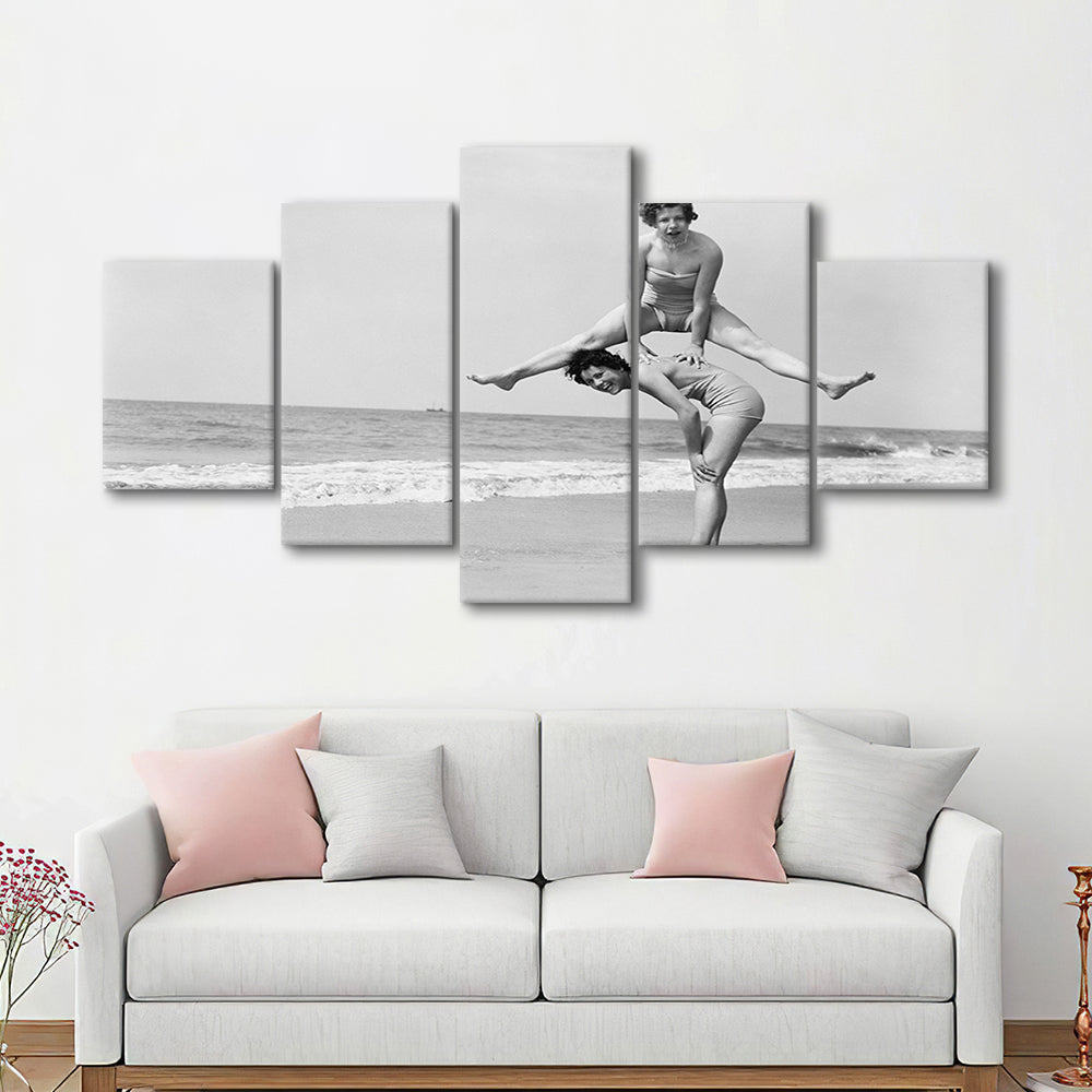 Women Having Fun Coastal Black and White Art Beach Photos, Mixed 5 Pieces Canvas Print