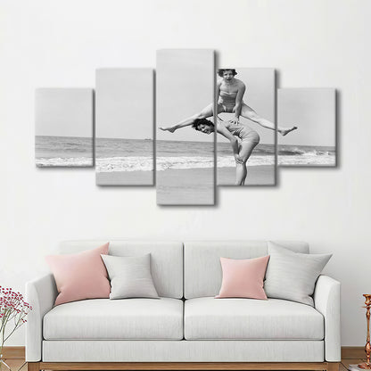 Women Having Fun Coastal Black and White Art Beach Photos, Mixed 5 Pieces Canvas Print