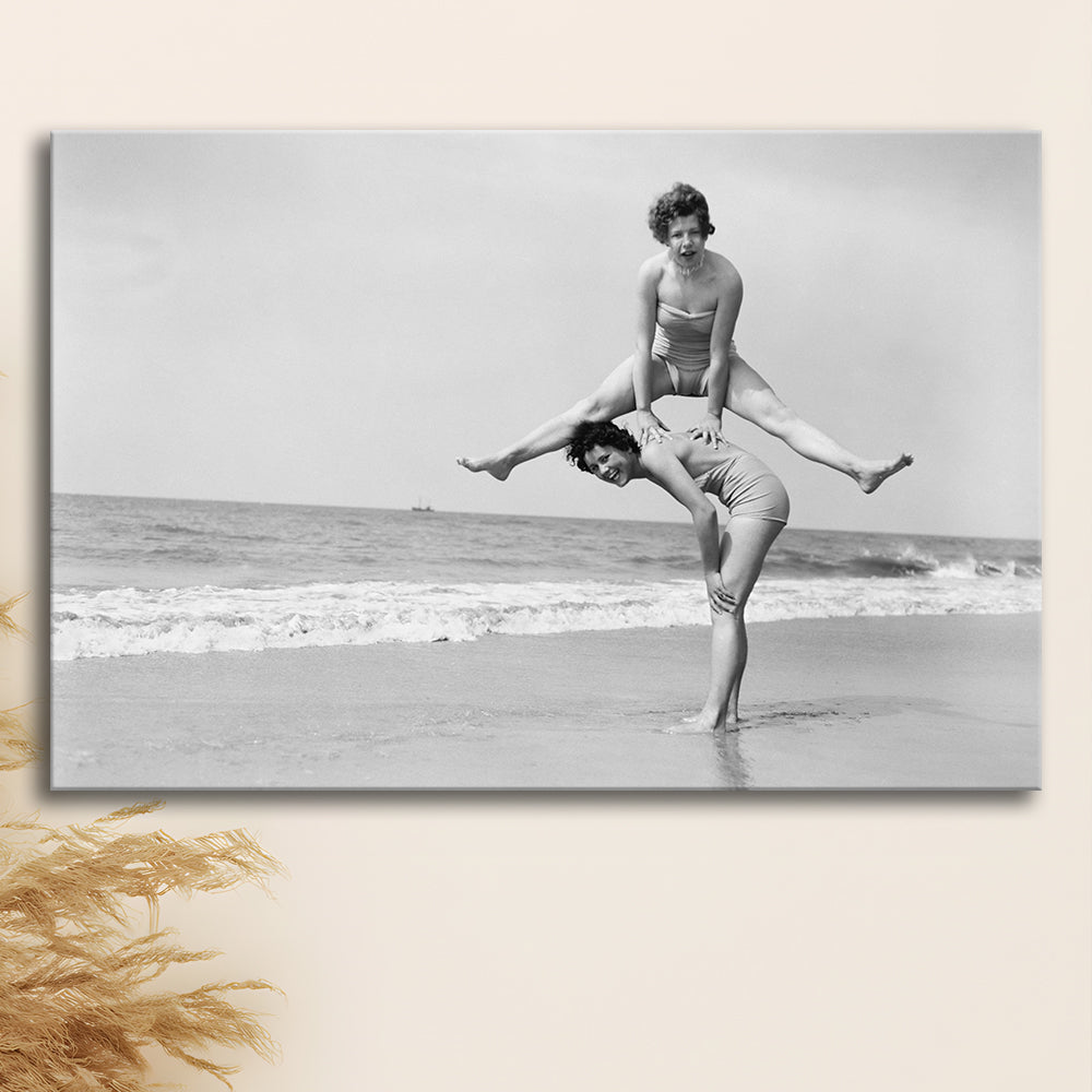 Women Having Fun Coastal Black and White Art Beach Photos, Canvas Print Wall Art Decor