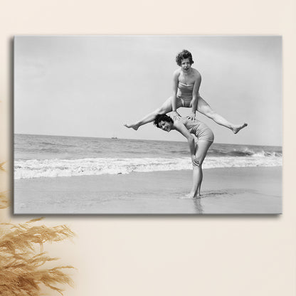 Women Having Fun Coastal Black and White Art Beach Photos, Canvas Print Wall Art Decor