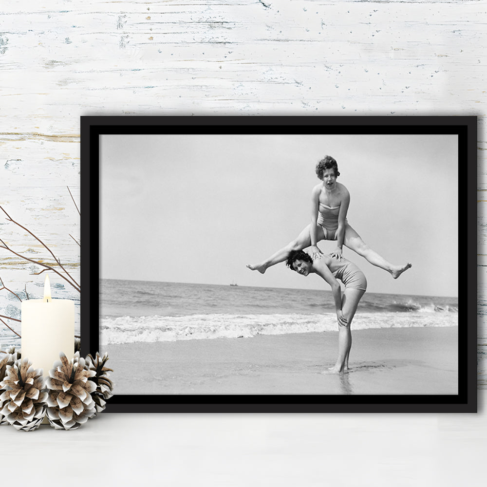 Women Having Fun Coastal Black and White Art Beach Photos, Floating Framed Canvas Print