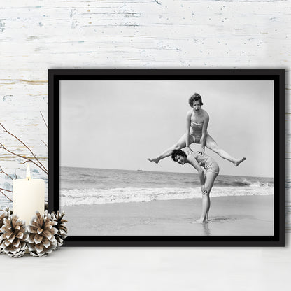 Women Having Fun Coastal Black and White Art Beach Photos, Floating Framed Canvas Print