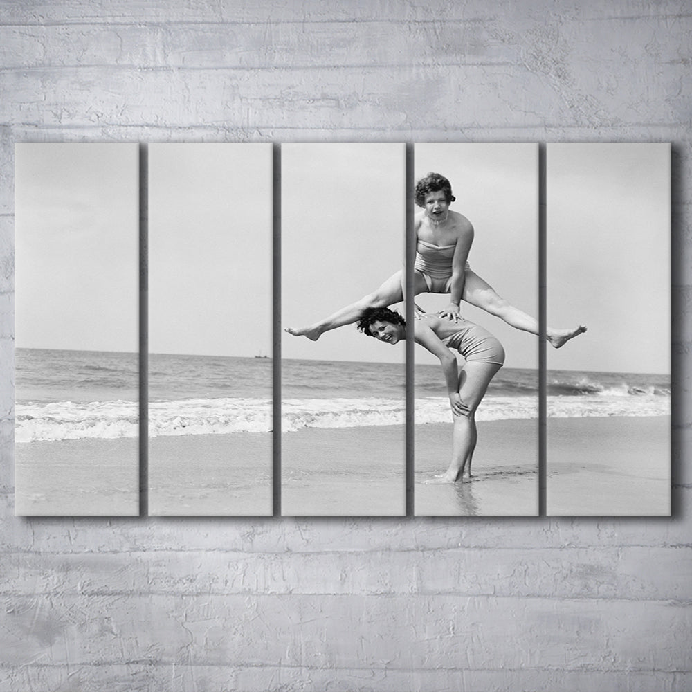 Women Having Fun Coastal Black and White Art Beach Photos, 5 Pieces Large Canvas Print