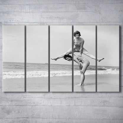 Women Having Fun Coastal Black and White Art Beach Photos, 5 Pieces Large Canvas Print