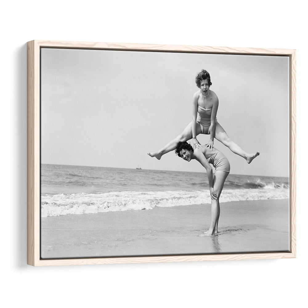 Women Having Fun Coastal Black and White Art Beach Photos, Floating Framed Canvas Print