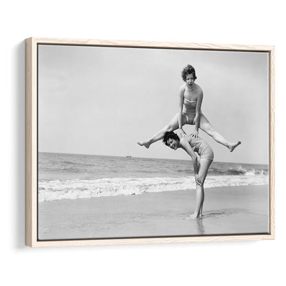 Women Having Fun Coastal Black and White Art Beach Photos, Floating Framed Canvas Print