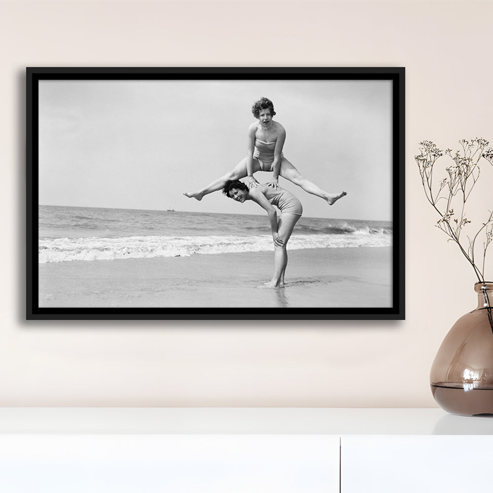 Women Having Fun Coastal Black and White Art Beach Photos, Floating Framed Canvas Print
