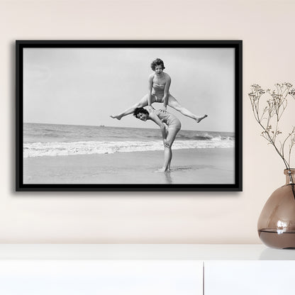 Women Having Fun Coastal Black and White Art Beach Photos, Floating Framed Canvas Print