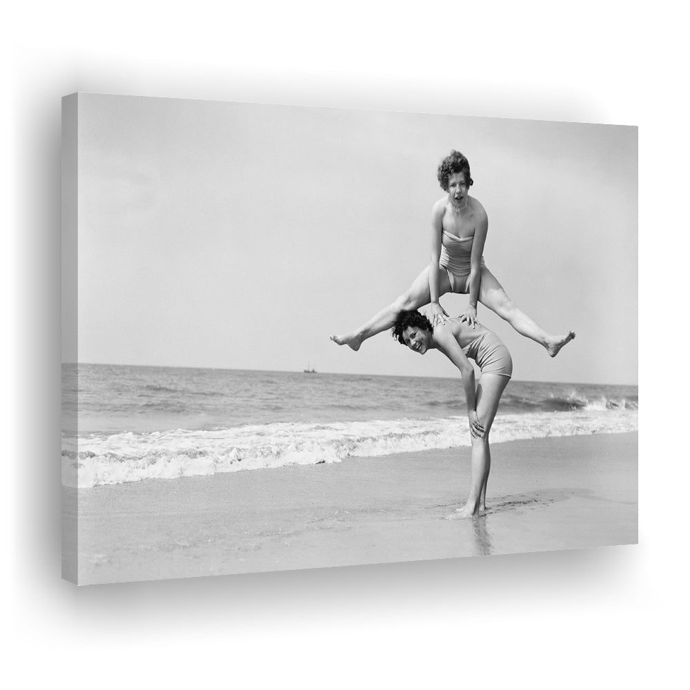 Women Having Fun Coastal Black and White Art Beach Photos, Canvas Print Wall Art Decor