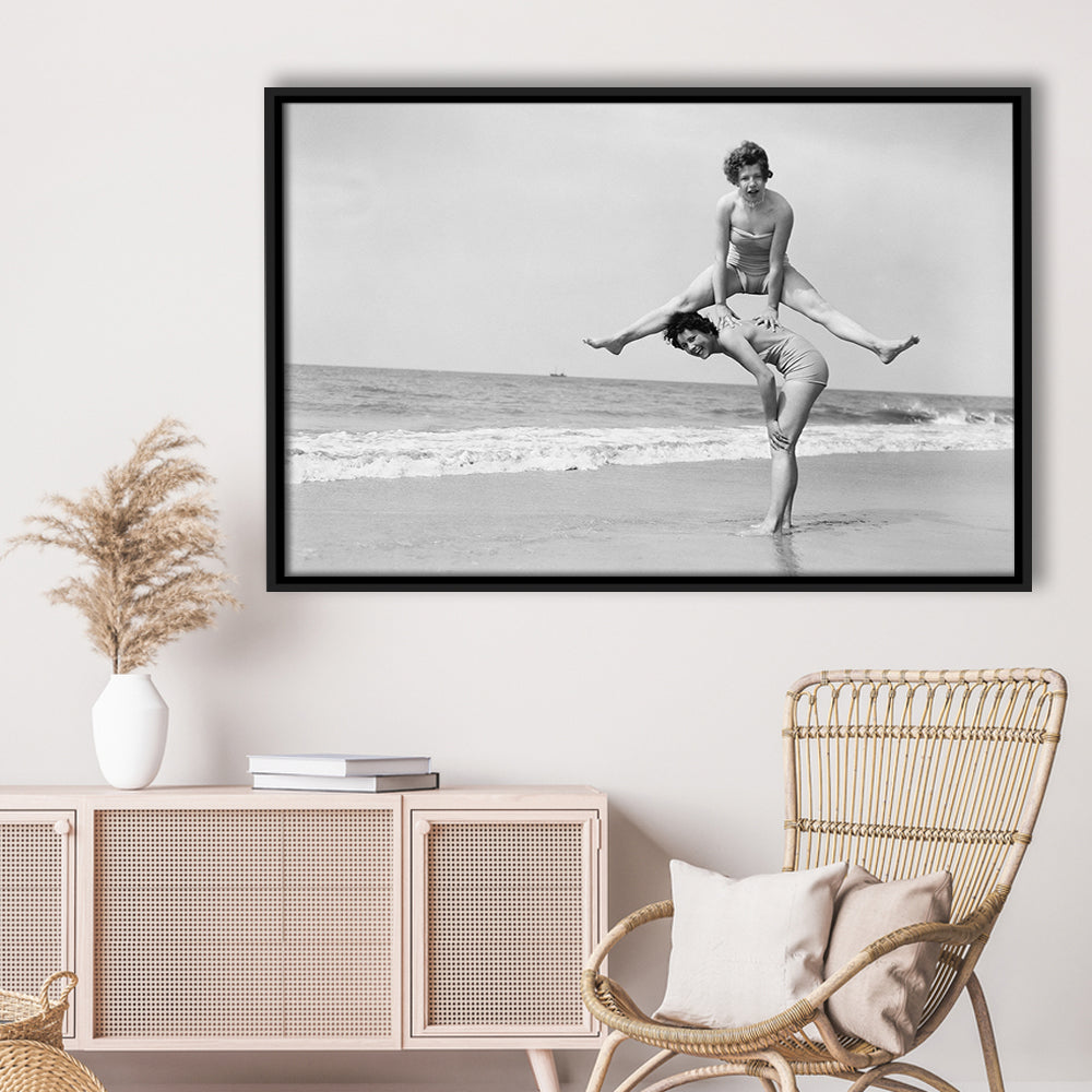 Women Having Fun Coastal Black and White Art Beach Photos, Floating Framed Canvas Print