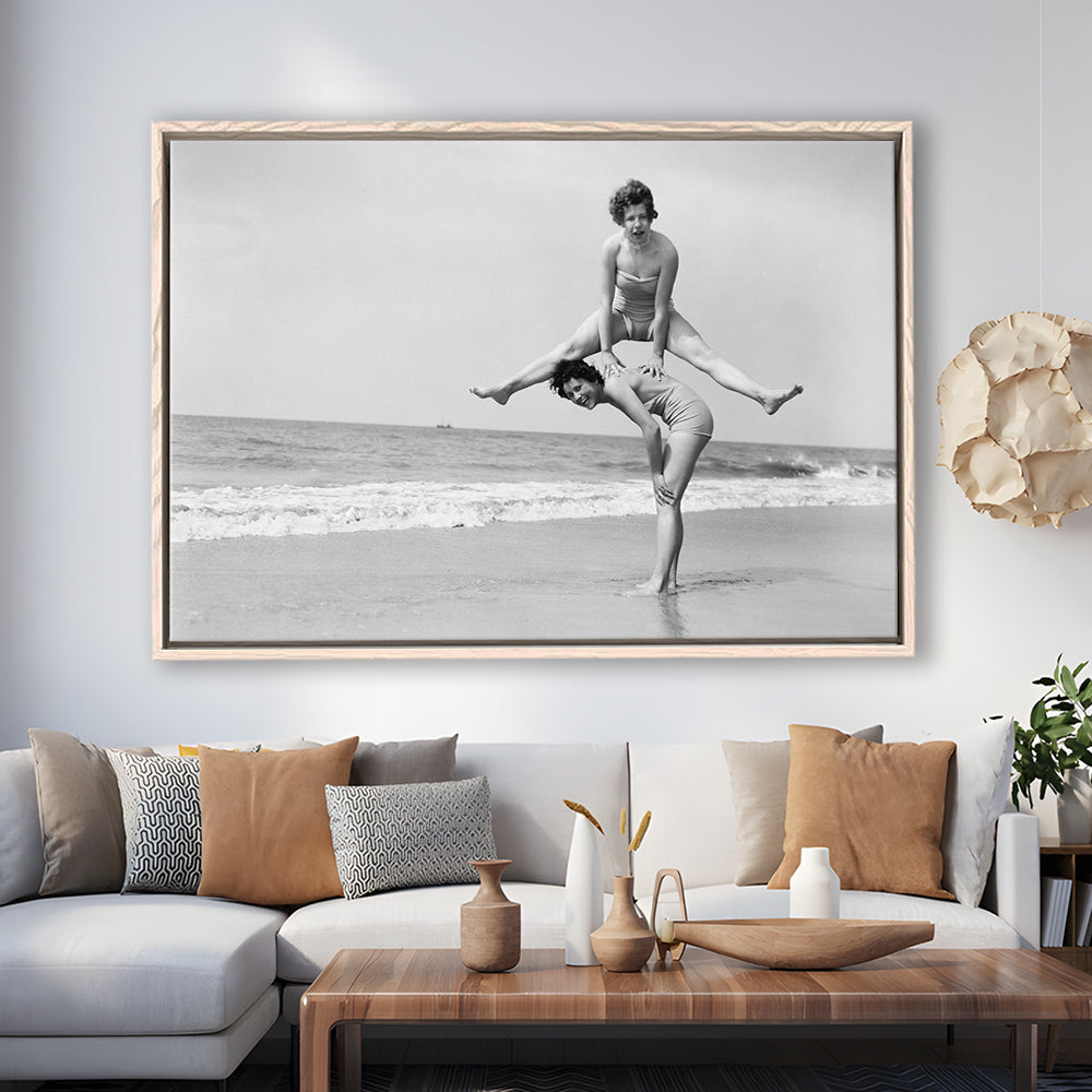 Women Having Fun Coastal Black and White Art Beach Photos, Floating Framed Canvas Print