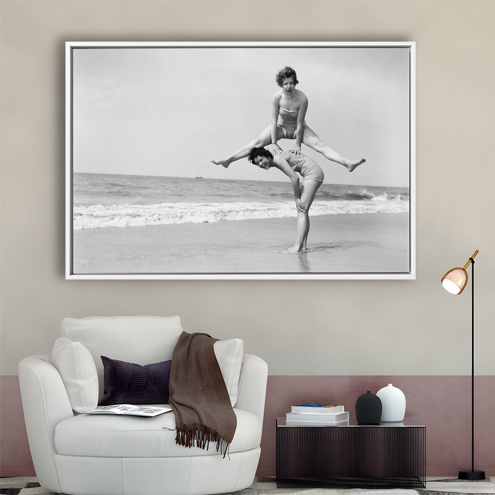 Women Having Fun Coastal Black and White Art Beach Photos, Floating Framed Canvas Print