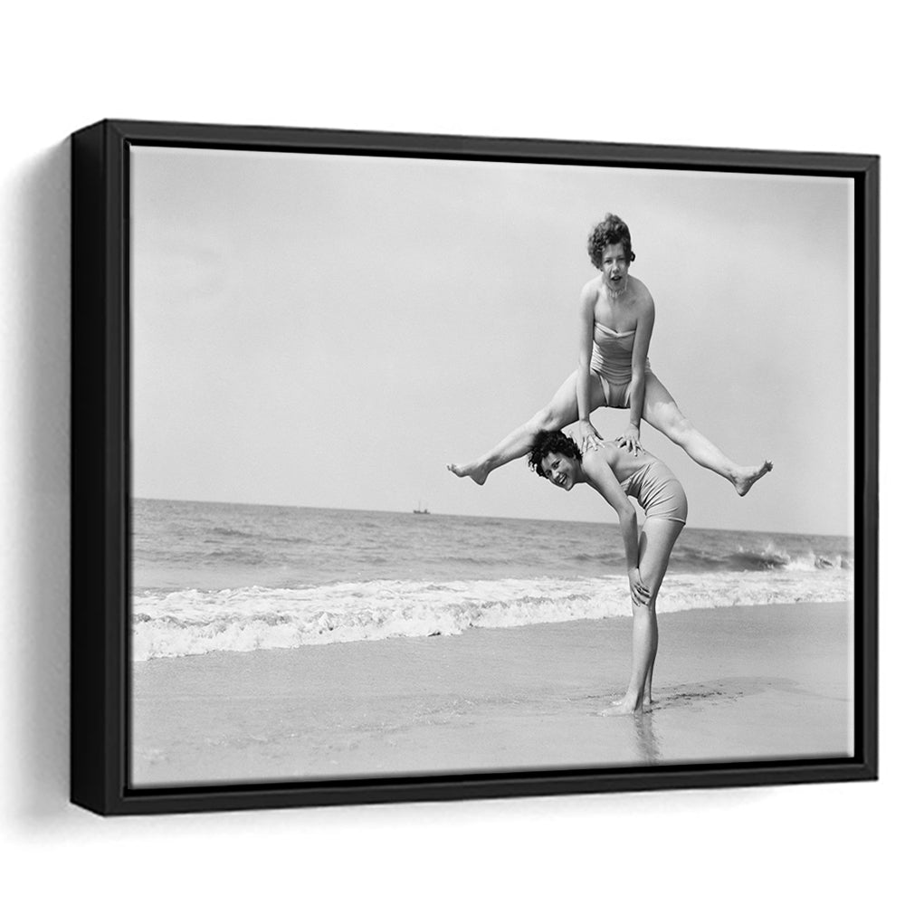 Women Having Fun Coastal Black and White Art Beach Photos, Floating Framed Canvas Print