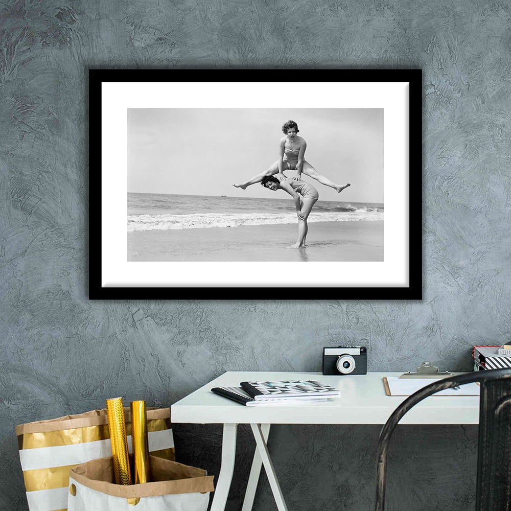 Women Having Fun Coastal Black and White Art Beach Photos, Framed Art Print White Border Wall Decor