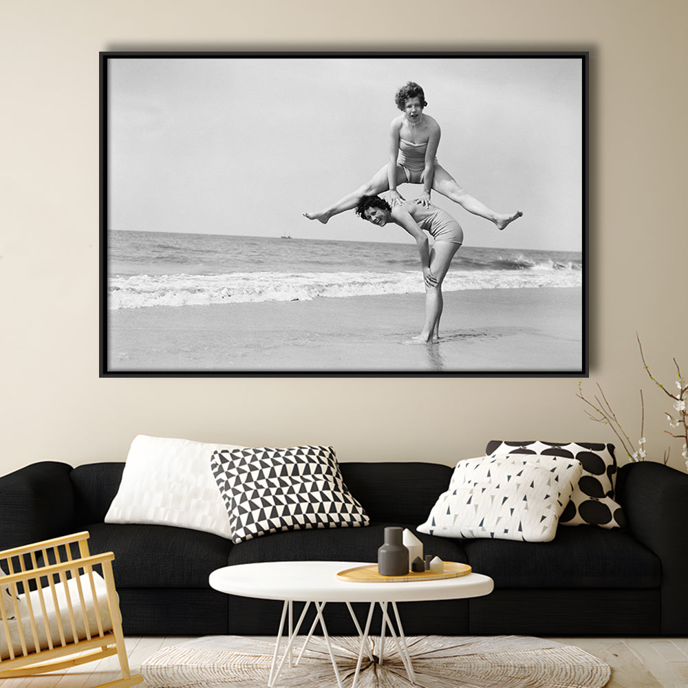 Women Having Fun Coastal Black and White Art Beach Photos, Floating Framed Canvas Print