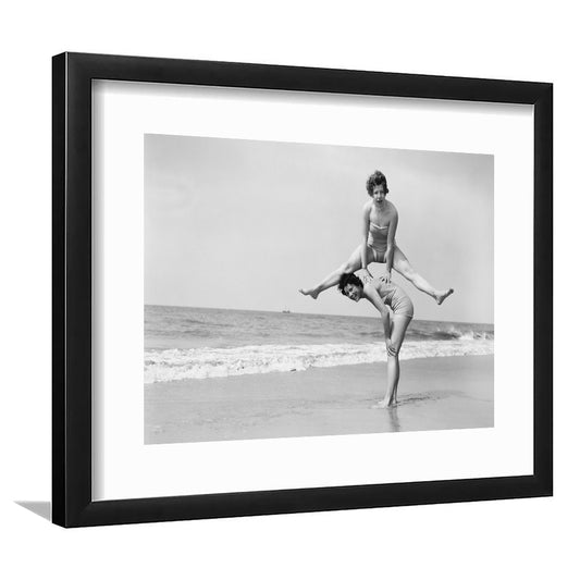 Women Having Fun Coastal Black and White Art Beach Photos, Framed Art Print White Border Wall Decor