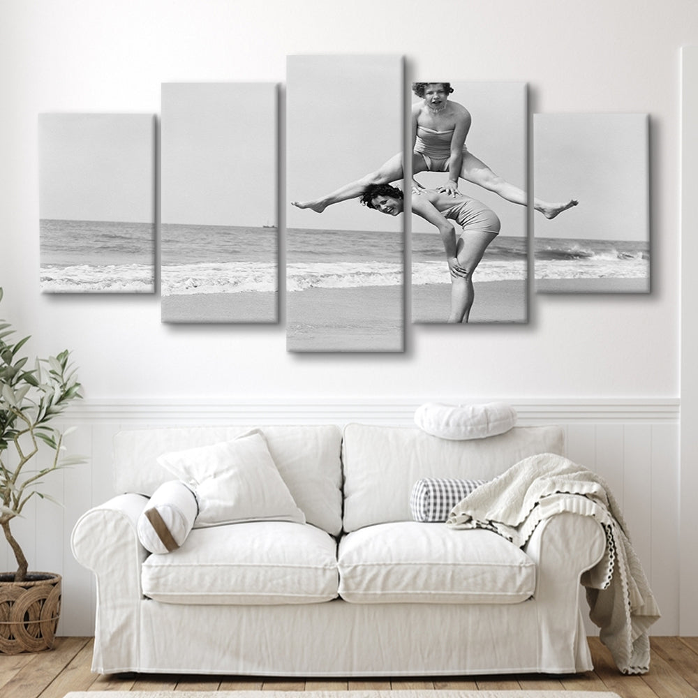Women Having Fun Coastal Black and White Art Beach Photos, Mixed 5 Pieces Canvas Print