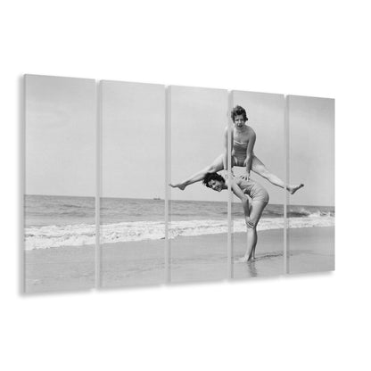 Women Having Fun Coastal Black and White Art Beach Photos, 5 Pieces Large Canvas Print