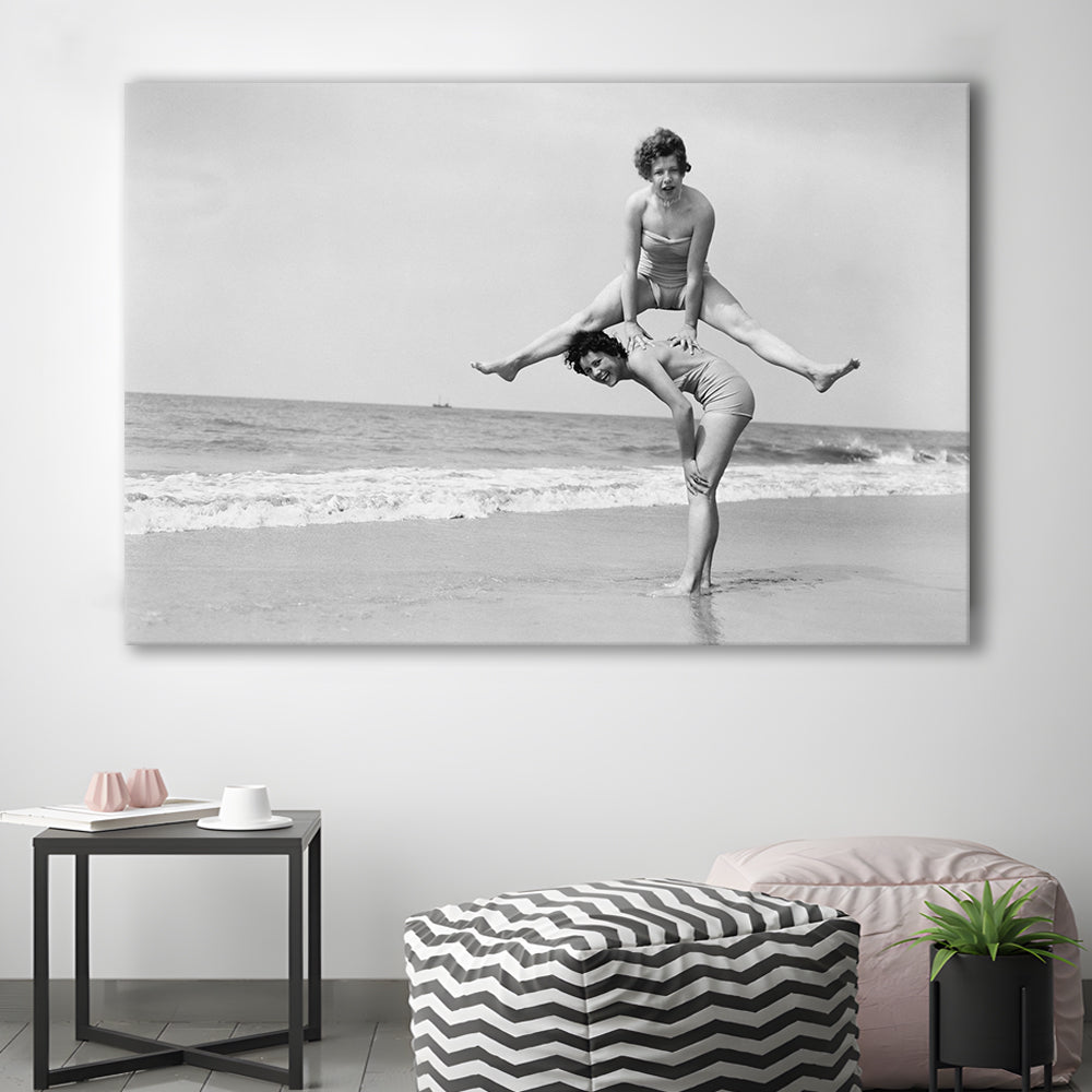 Women Having Fun Coastal Black and White Art Beach Photos, Canvas Print Wall Art Decor
