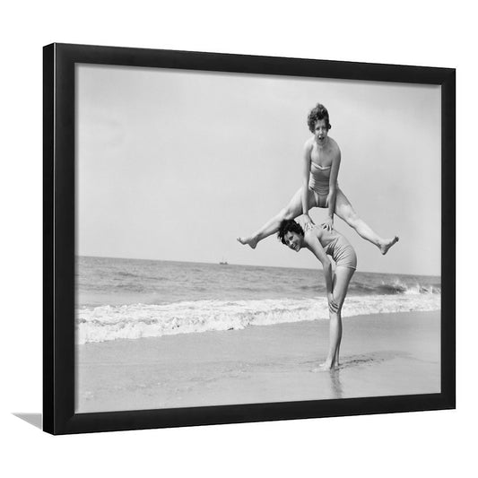 Women Having Fun Coastal Black and White Art Beach Photos, Framed Art Print Wall Decor