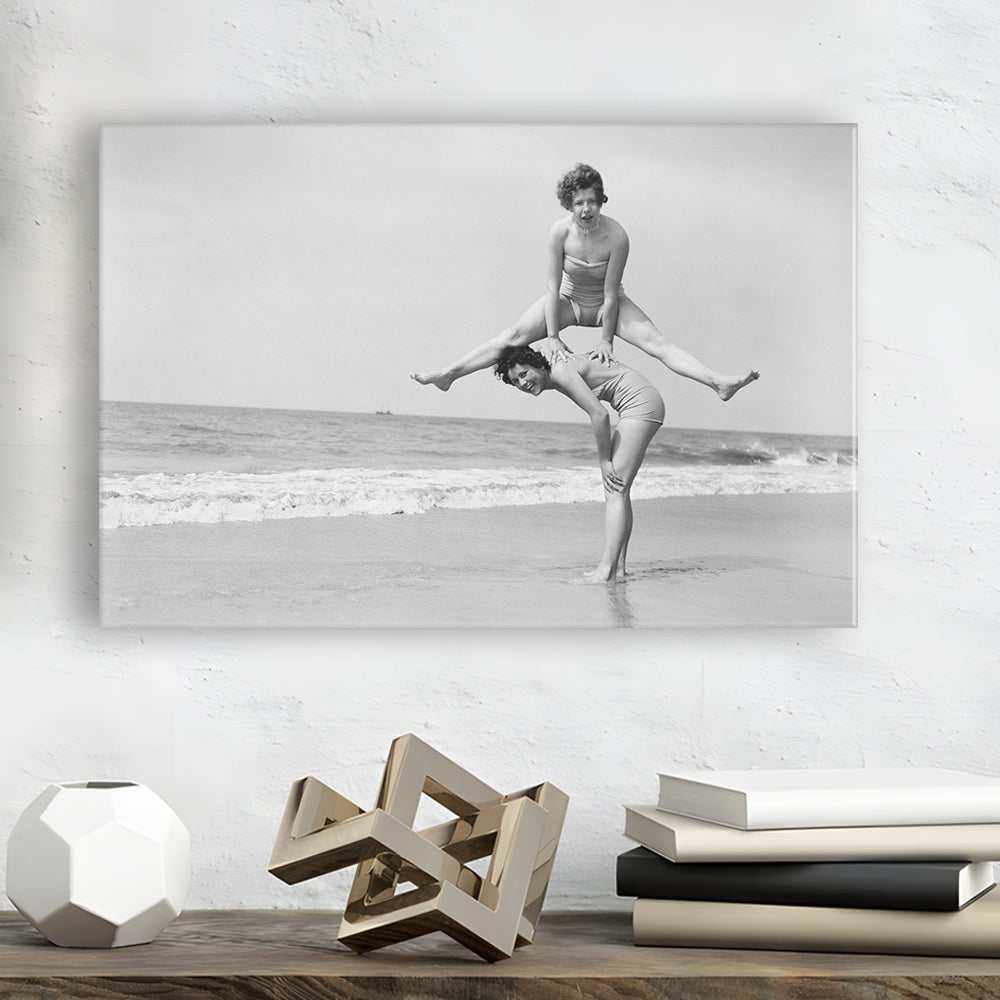 Women Having Fun Coastal Black and White Art Beach Photos, Canvas Print Wall Art Decor