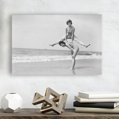 Women Having Fun Coastal Black and White Art Beach Photos, Canvas Print Wall Art Decor