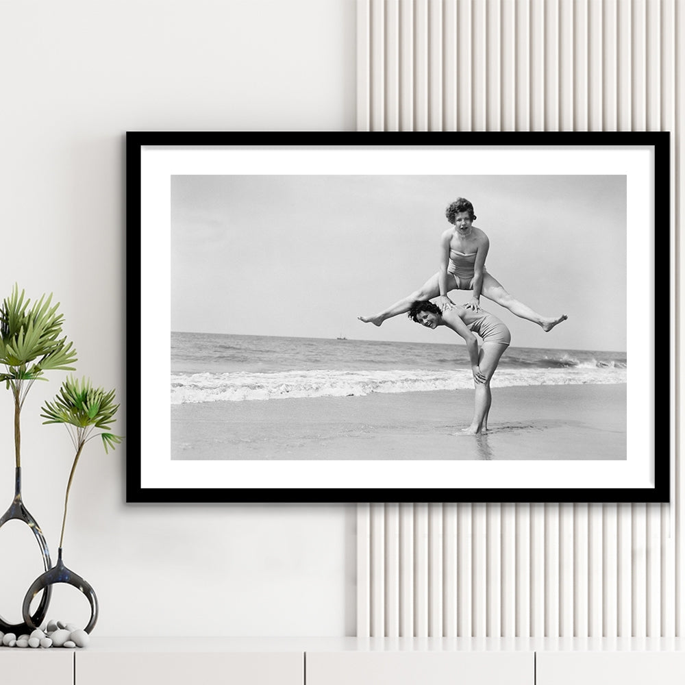 Women Having Fun Coastal Black and White Art Beach Photos, Framed Art Print White Border Wall Decor