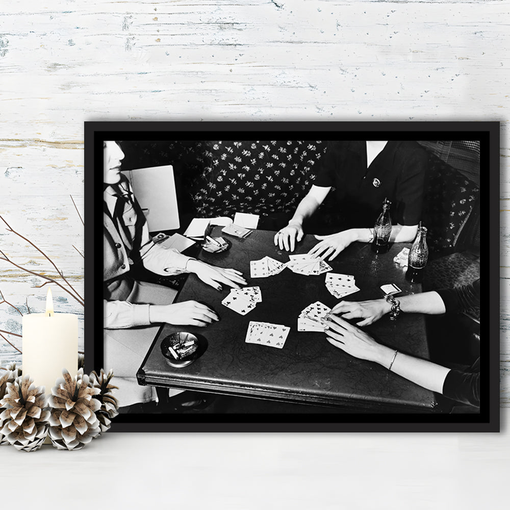 Women Playing Poker 1940s Bar Art Black and White Art Girls Night, Floating Framed Canvas Print